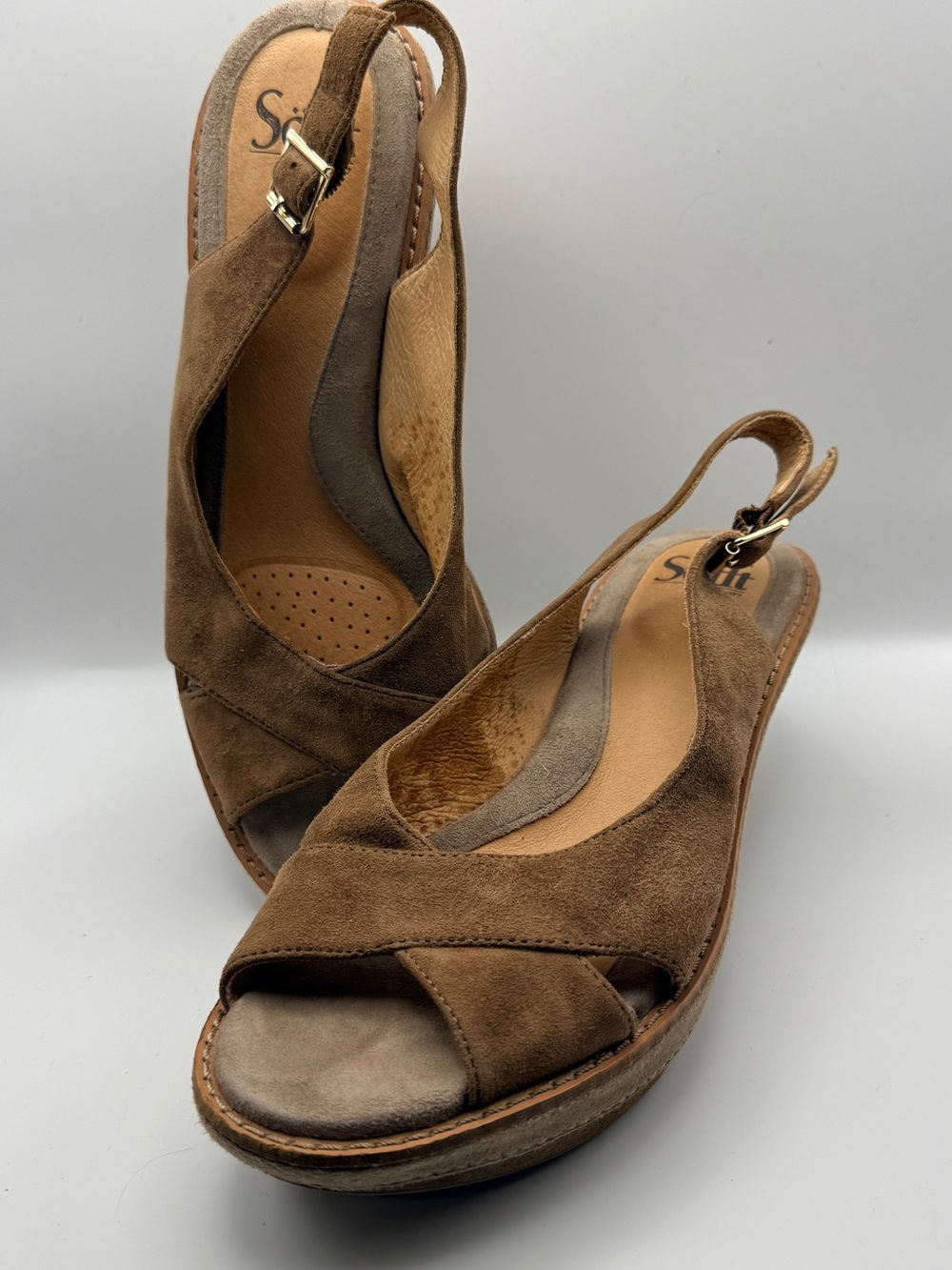Sofft Leather Slingback Wedge Sandals Brown Taupe Peep Toe Comfort Size 8.5